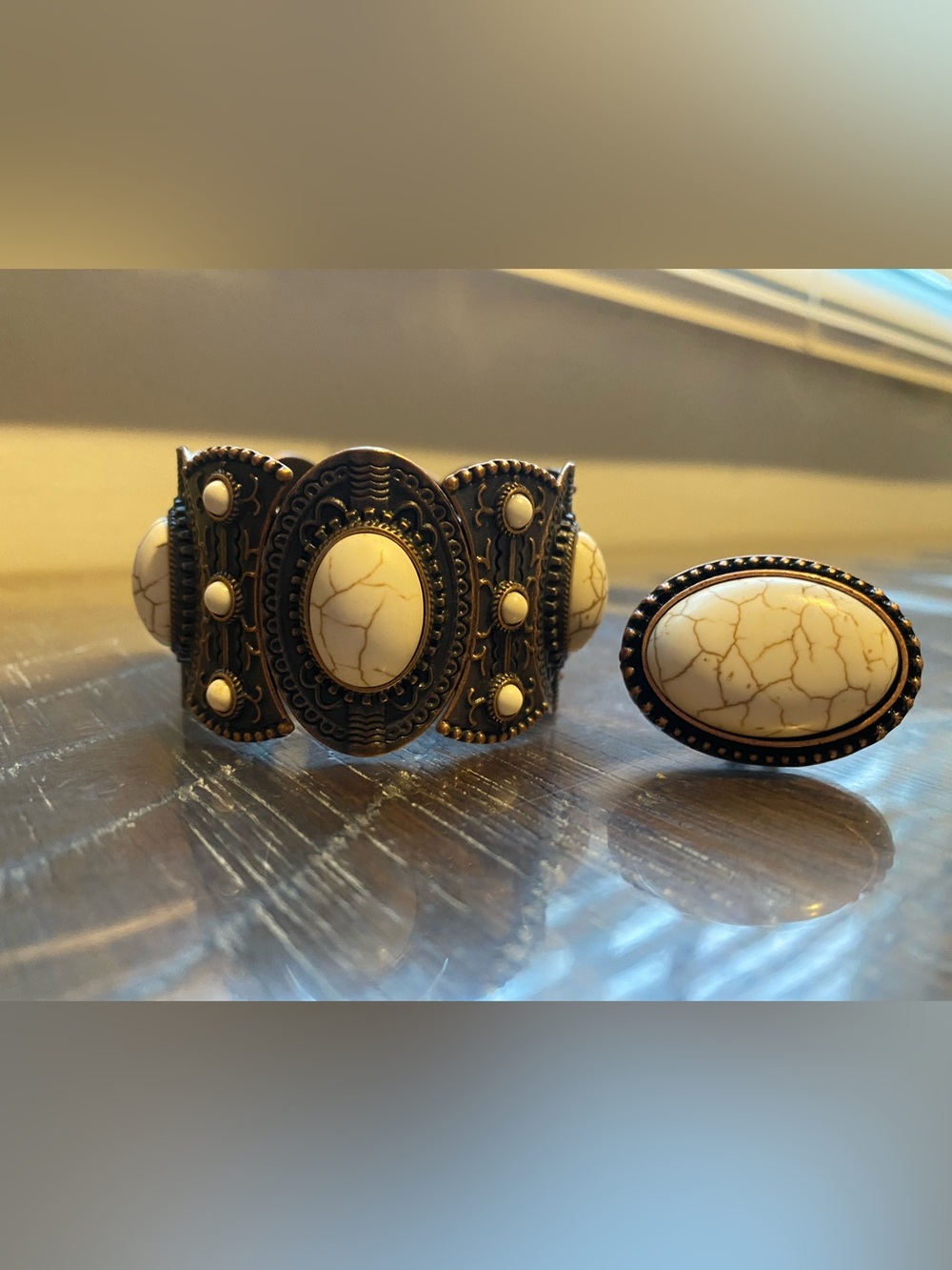 Vintage-Inspired White Stone Brass Cuff Bracelet and Ring Set